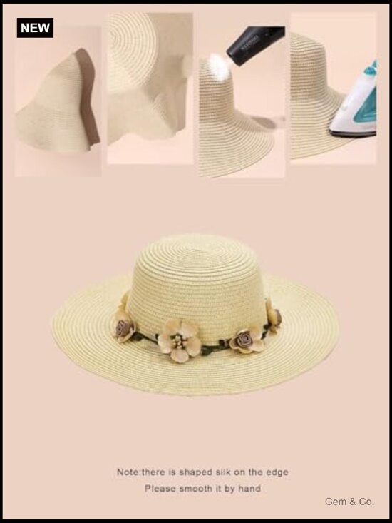 Scalloped Wide Brim Straw Sun Hat Boho Beaded Beach Hat